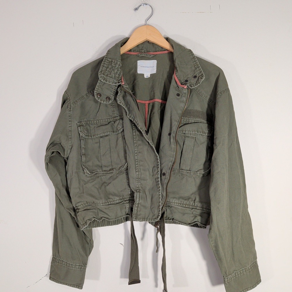 Aeropostale Green Utility Jacket; Cropped Cotton Cargo Military Style